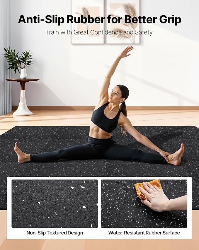VEVOR 0.4Inch 96sq.ft 24 Tiles Gym Flooring for Home Gym, Rubber Top with High Density EVA Foam, 24 x 24In Gym Floor Exercise Equipment Mats, Interlocking Gym Mats, Puzzle Workout Mats, Black & White