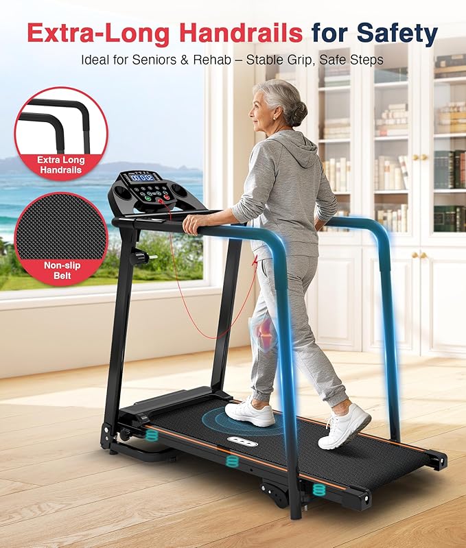 Redliro Walking Treadmill with Long Handrails – Treadmill for Seniors 300 lbs Capacity – Foldable, Lightweight with Wheels, Cup & Phone Holder – Recovery Machine for Home or Apartment