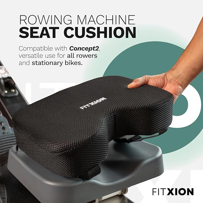 Rowing Machine Seat Cushion – Ergonomic Tail Bone Comfort Memory Foam Pad for Concept 2, Water Rower, Peloton or Recumbent Bike. Anti-Slip Base, Buckled Straps for Indoor Rowing Workouts