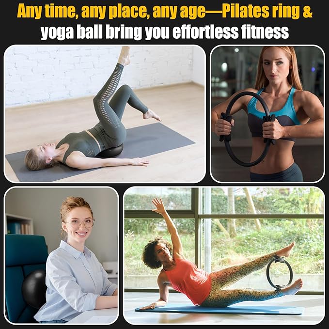 18 Pcs Pilates Ring and Ball Set Pilates Equipment for Home Workout 11.8 Inch Magic Circle Rings with Padded Handles, Small Yoga Balls for Strength, Fitness, Toning and Flexibility, Black