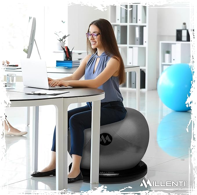 Millenti Exercise Ball Chair 65cm - Yoga Ball Chair Stability Base Ring Kit & Fitness Resistance Bands For Home, Gym Bundle, Pilates Ball, Office Chair, Birthing Ball For Pregnancy - With Workout Chart