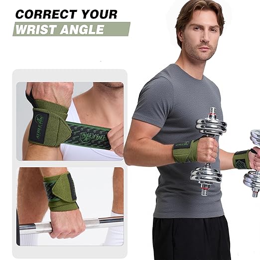 Professional Wrist Wraps, Heavy-Duty Support with Thumb Loop 18 Inch Pair for Powerlifting, Bodybuilding, Cross Training - Mesh carry pouch included (Army Green)
