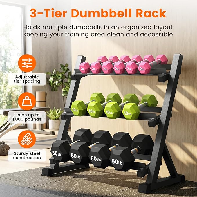Dumbbell Rack, 3-Tier Dumbbell Weight Rack for Home Gym, Dumbbell Set for Dumbbell Kettlebell Barbell, Heavy Duty Weight Storage Organizer, Dumbbell Rack Stand Only