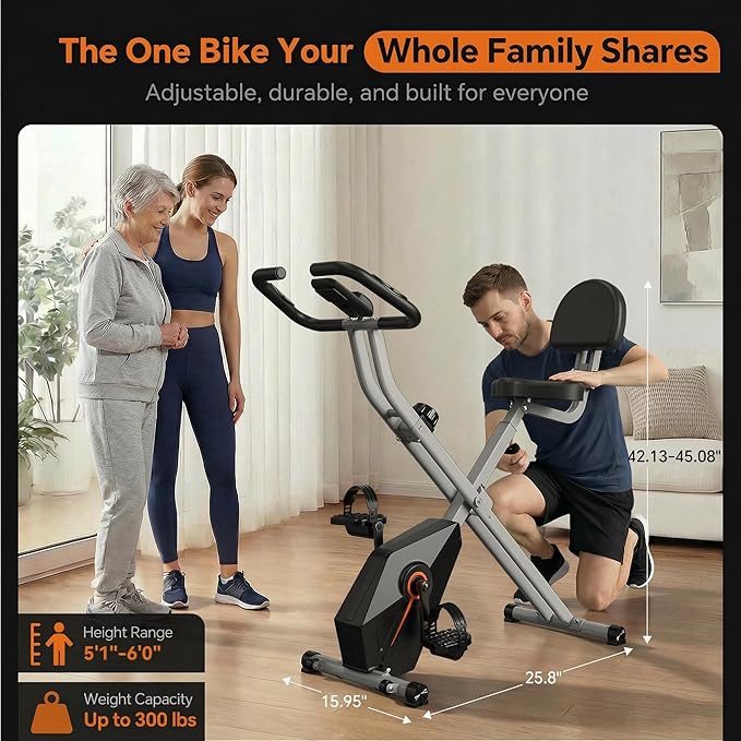 16-Level Foldable Exercise Bike for Home and Small Spaces – Quiet Stationary Bike with Premium Wool Felt Brake Pad, Precision 1.6kg Flywheel, 300lb Weight Capacity, LCD Monitor and Heart Rate Sensors – Compact Indoor Fitness Cycling Bike for Apartments