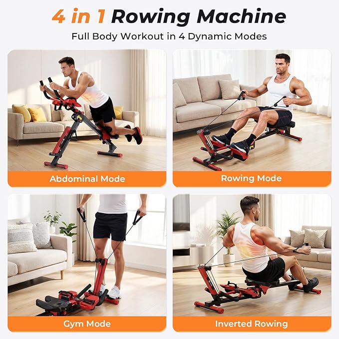 Ab Machine and Rowing Machine, 4 in 1 Rowing Machines for Home with 3 Levels of Workout Resistance, Quiet & Foldable Row Machine with 3 Adjustable Handle Heights & LCD Monitor, Rower Machine for Home