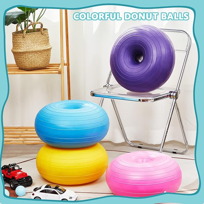 Lewtemi 4 Pcs Flexible Seating for Classroom Elementary 20 Inch Yoga Ball Chair Inflatable Donut Ball Chair with Inflator for Kids Student Sensory Balance Office Exercise