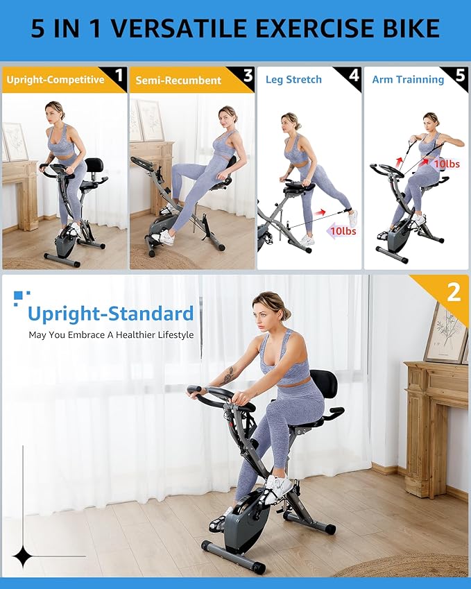 Foldable Exercise Bike Stationary Bikes for Home, 5 IN 1 Indoor Workout Bike, Cycling Bike with 16-Level Quiet Magnetic Resistance, 6.6 LBS Flywheel and 300LBS Capacity for Senior and Home Workout