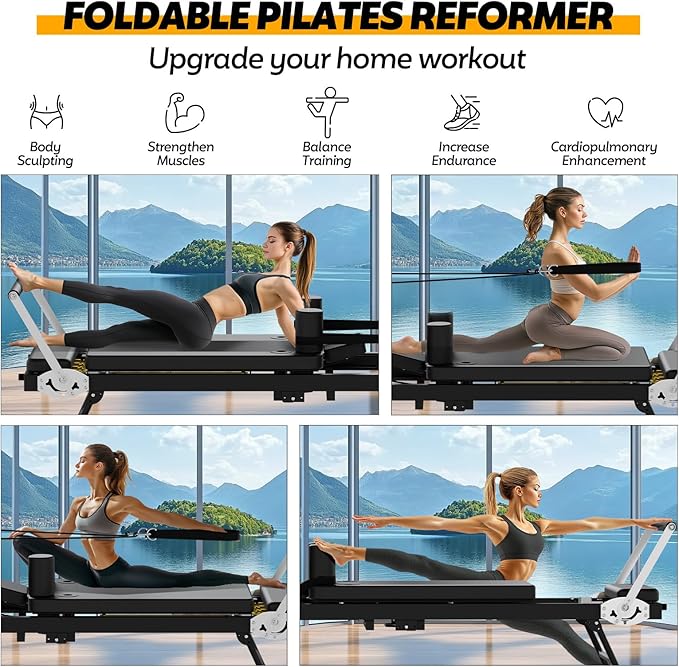 Foldable Pilates Reformer for Home Use, Portable Pilates Machine Reformer with Adjustable Resistance, Springs and Cords, Compact, Lightweight, Perfect for Home Gym, Maximum Load 400 LBS