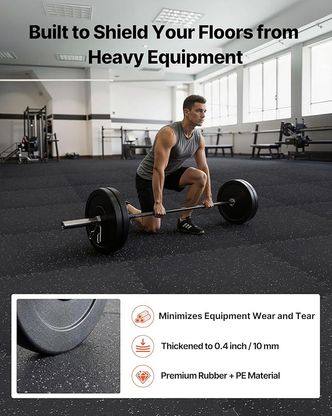 VEVOR 0.4Inch 96sq.ft 24 Tiles Gym Flooring for Home Gym, Rubber Top with High Density EVA Foam, 24 x 24In Gym Floor Exercise Equipment Mats, Interlocking Gym Mats, Puzzle Workout Mats, Black & Gray