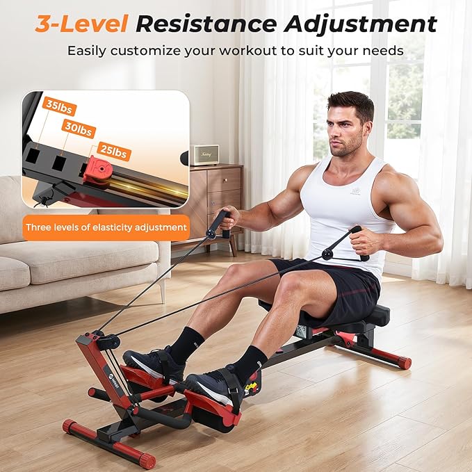 Ab Machine and Rowing Machine, 4 in 1 Rowing Machines for Home with 3 Levels of Workout Resistance, Quiet & Foldable Row Machine with 3 Adjustable Handle Heights & LCD Monitor, Rower Machine for Home