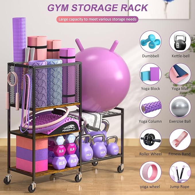 Dumbbell Rack, Yoga Mat Storage Holder, Home Gym Storage Rack, Workout Equipment Storage Organizer, Weight Storage Holder Rack with Hooks and Wheels