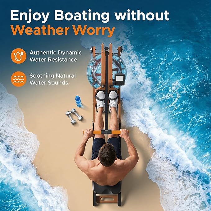 Water Rowing Machine with Foldable Design,Rowing Machines for Home,400LBS Capacity,Smooth Glide Rails,Comfortable Seat,Free App Supported for Immersive Water Rower&Home Gym