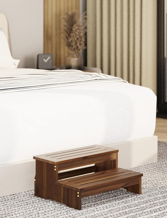 TINAMO 25" Acacia Bed Steps for High Beds for Adult 500LBS - 2-Step Wood Step Stool - Wooden Step Stool for Bed - Heavy Duty Hot Tub Steps & Hot Tub Stairs - Walnut Color (Patent Pending)