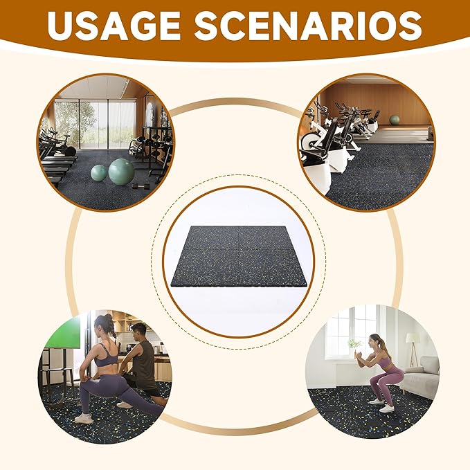 tonchean Rubber Exercise Equipment Mats 1" Thick, 4 Pack Anti-Vibration Gym Floor Tiles 20" x 20'', Non-Slip Sound Absorbing Gym Mats, Interlocking Tiles with 12 Pcs Buckles, for Fitness Equipment