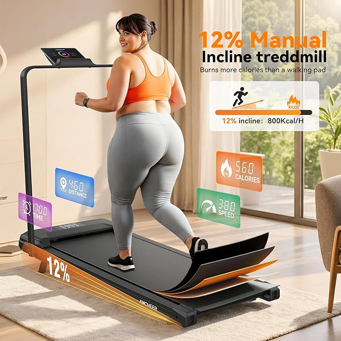 ANCHEER Treadmill with 12%/15% Incline, Folding Walking Pad with Handle Bar, 320-450lb Capacity Under Desk Foldable 3.5HP Treadmills for Home/Office/Gym,Installation-Free