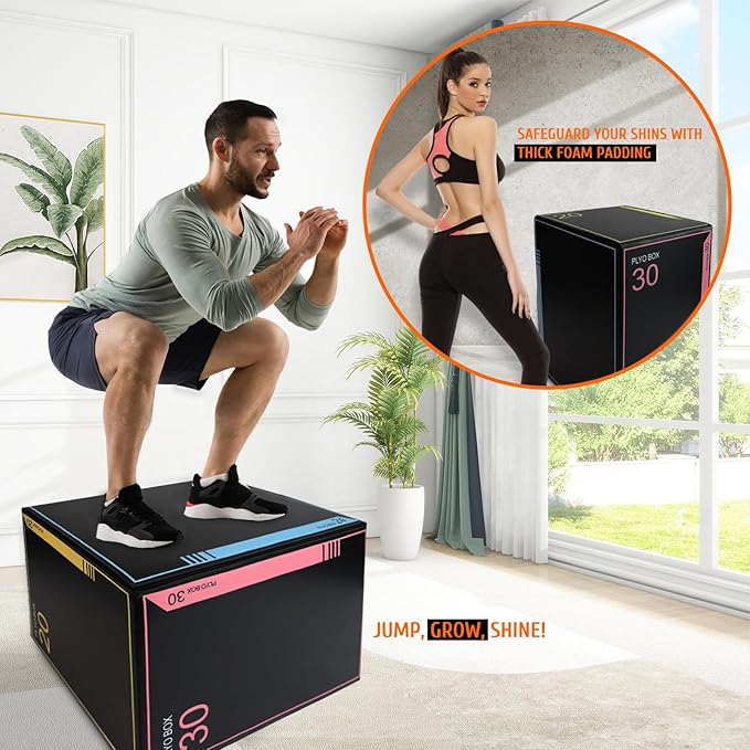 3-in-1 Dense Foam Plyometric Jump Box,30"x24"x20"-24"x20"x16"-20"x18"x16"Non-Slip Box Jumps for Home Gym,Exercise Foam Plyo Box for Fitness Training-Step-Ups,Split Squats,Dips,Box Jump Cube
