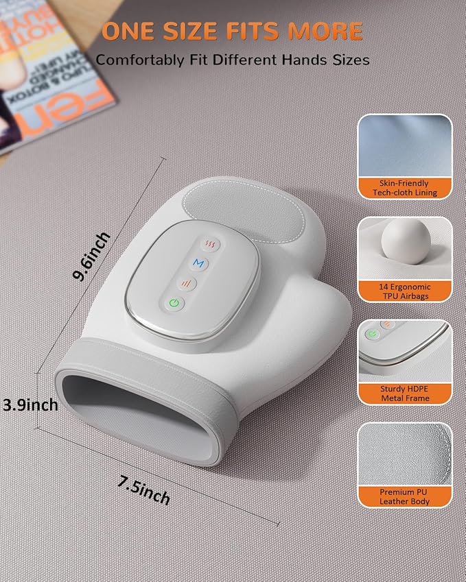 Hand Massager with Heat and Compression: Cordless Hand Massage Glove with 3 Modes, 5 Intensity & 3 Heat Therapy for Arthritis Carpal Tunnel Pain Relief-Valentine's Birthday Gifts for Women, Men(Gray)