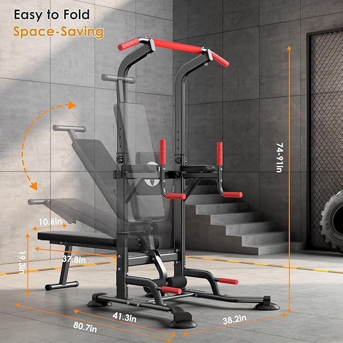 soges Pull Up Bar Dip Station, Power Tower with Folding Dumbbell Bench & Backrest, Adjustable Height Pull Up Bar Stand, Multi-Function Home Gym Strength Training Fitness Equipment 330LBS