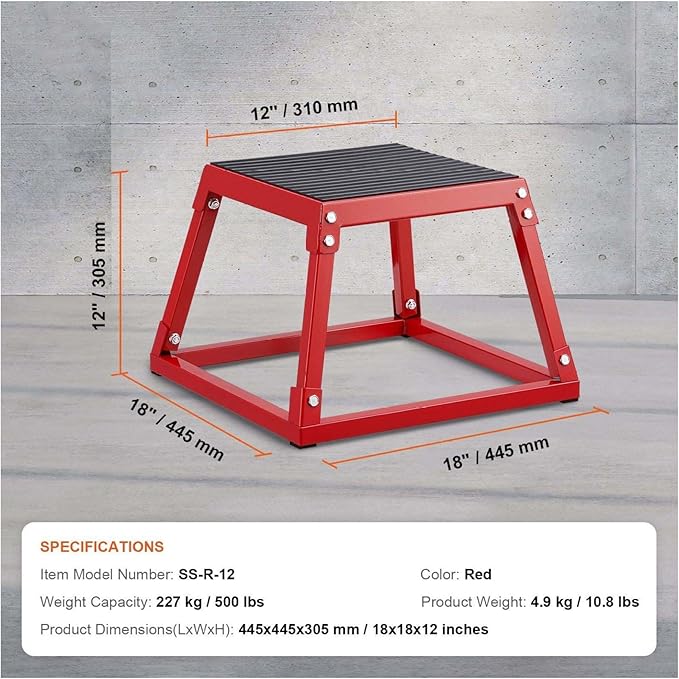 Plyometric Jump Box 12 Inch - Steel Plyometric Box for Fitness, Agility Training - Home Gym Exercise Step Platform - Strength & Conditioning - Red