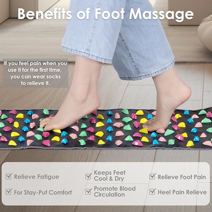 Foot Massage Mat, Reflexology Walk Stone Road Acupressure Mat with Chart, Feet Pressure Point Mat for Long Sitting Elderly Students and Office Workers (68.9 x 13.78 Inches)