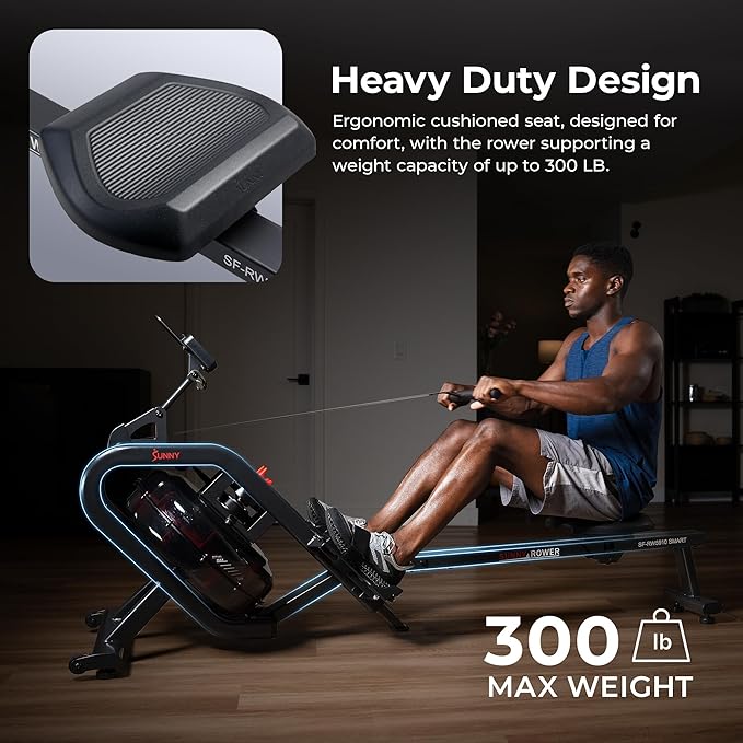 Sunny Health & Fitness AquaStrive Series Smart Water Rower, 300LB Capacity Plus Dynamic Hydro Resistance for Home Cardio Workout, Free SunnyFit Training App Connection