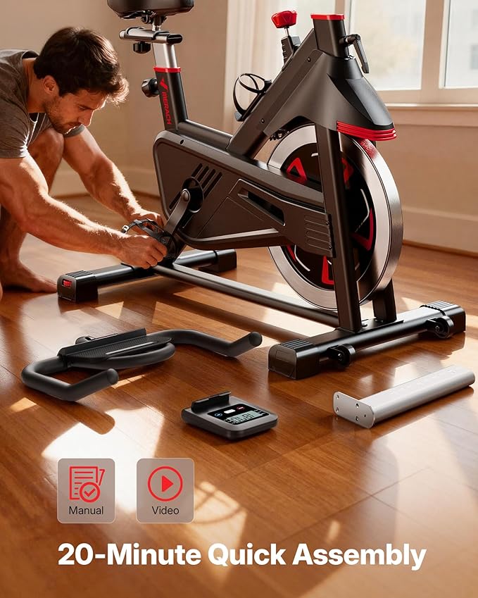 Merach Exercise Bike for Home Gym, Low Noise Stationary Bike with Brake Pad, Indoor Workout Bike with Self-Developed App, Tablet Mount and Fitness Courses for Weight Loss, 300 Lb Weight Capacity