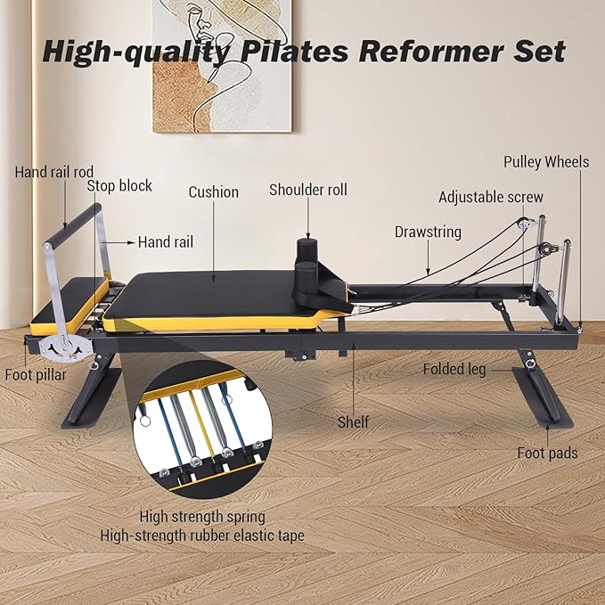 Foldable Pilates Reformer Machine for Home, 77.5'' Pink Pilates Equipment with 5x18 Lbs Resistance Bands,Professional Aeropilates Reformers for Beginners/Advanced