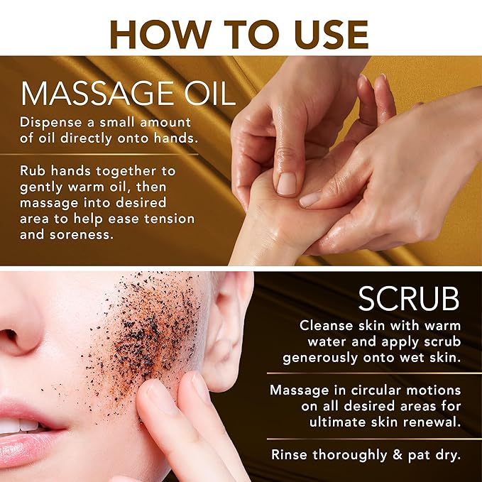 Cosmetasa Massage Oil Kit - Anti Cellulite Massage Oil with Organic Arabica Coffee Face & Body Scrub, Exfoliating Gloves, Massager Mitt - Body Massage Oil for Massage Therapy - Massage Oil Gift Set