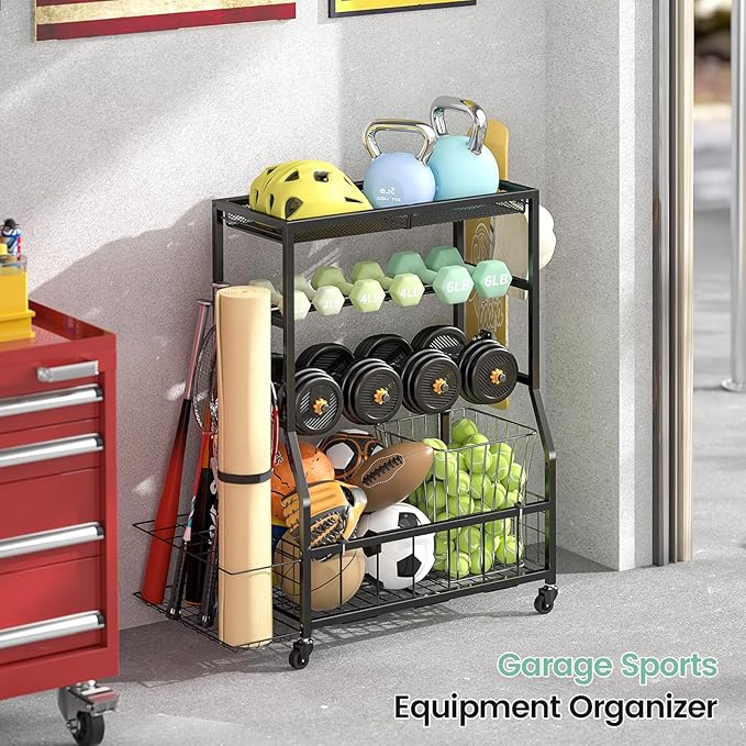 Home Gym Storage Rack, Dumbbell Rack with Yoga Mat Storage, Weight Rack Stand with Lockable Wheels and Hooks, Home Workout Equipment Organizer for Yoga, Dumbbell, Kettlebells, Ball Storage