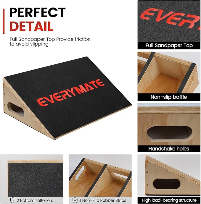 EVERYMATE Heavy-Duty Wooden Slant Boards for Exercise & Calf Stretch – 19.7" Wide Incline Board for Squats, Non-Slip Surface, Fixed 25° Angle for Strength & Flexibility Training, 1200 lbs Capacity