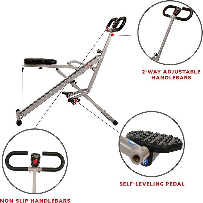 Sunny Health and Fitness 45 Degree Hyperextension Roman Chair, Steel, Grey, One Size + Squat Assist Upright Row-N-Ride Rowing Machine, Horse Riding Machine Full Body Indoor Trainer