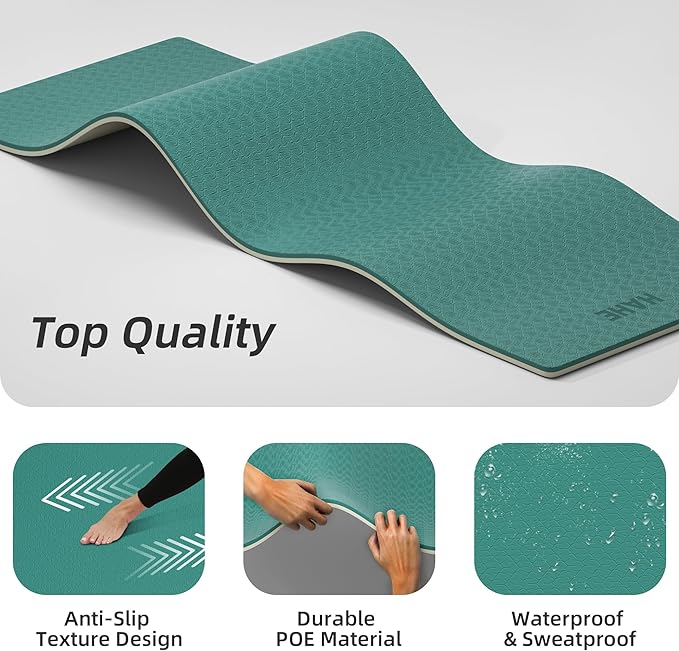 HAHE Yoga Mat Thick, 72"x32"x0.4"Th (10mm), Wide Non-Slip Exercise Mat with Carry Strap, Double-Sided POE Fitness Mat for Yoga, Pilates & Floor Workouts