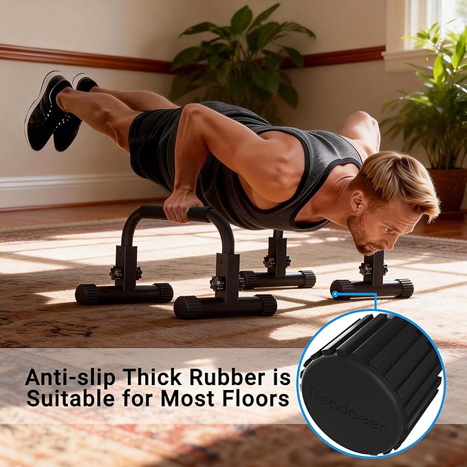 READAEER Adjustable Push Up Bar, High Strength Non-Slip Parallettes Bars & Dip Bars With Foam Handles,Heavy-Duty Calisthenics Parallel Bars for L-Sit, Dips, Home Gym Strength Training Workout
