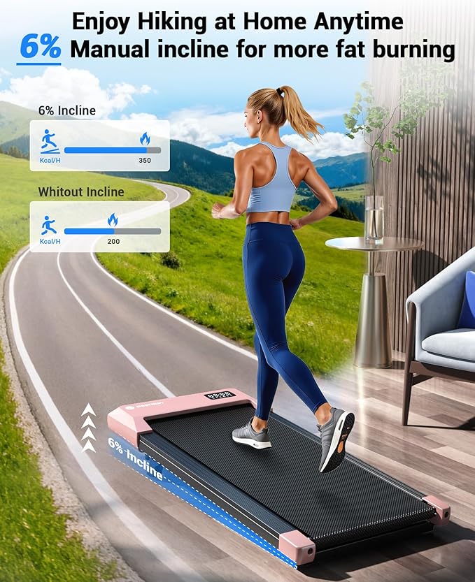 DeerRun Under Desk Walking Pad Treadmill with 6% Manual Incline, 0.6-3.8 MPH Walking Speed, 2.5 HP, 300 lb Capacity, App & Remote Control, for Home Office & Small Spaces