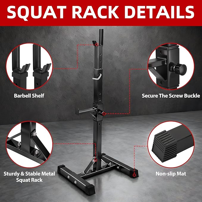 JupiterForce Adjustable Squat Rack Stands Pair of Sturdy Steel Bench Press Rack, Barbell Rack, 40''-66'' 550lbs Max Load Portable Weight Lifting Dumbbell Racks Stands for Home Gym, Black