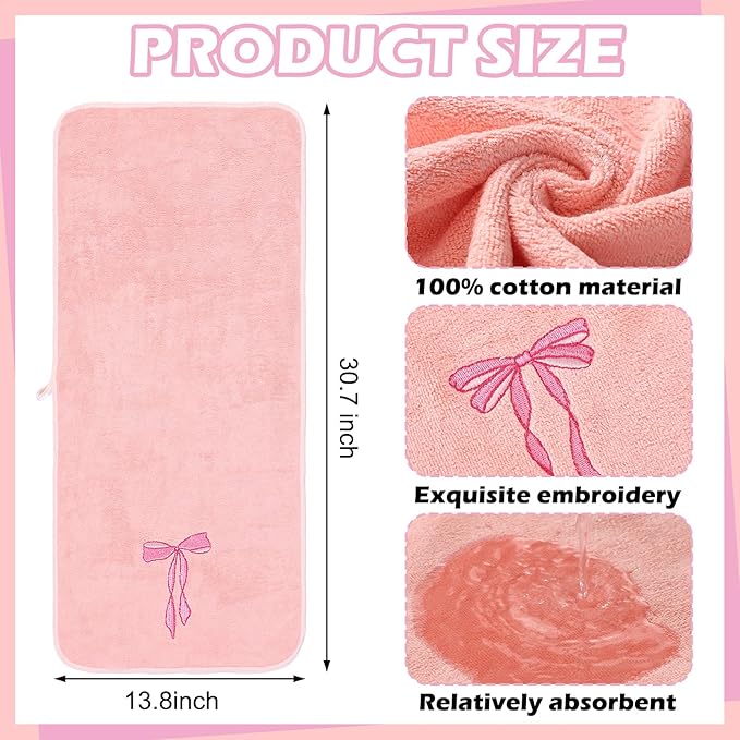 Tegeme 3 Pcs Bow Microfiber Gym Towels Coquette Embroidered Bow Bigger Size Soft Quick Drying Towels 14 x 31 Inches for Gym Exercise Fitness Sports Workout Spa Bathroom Kitchen Women Gifts