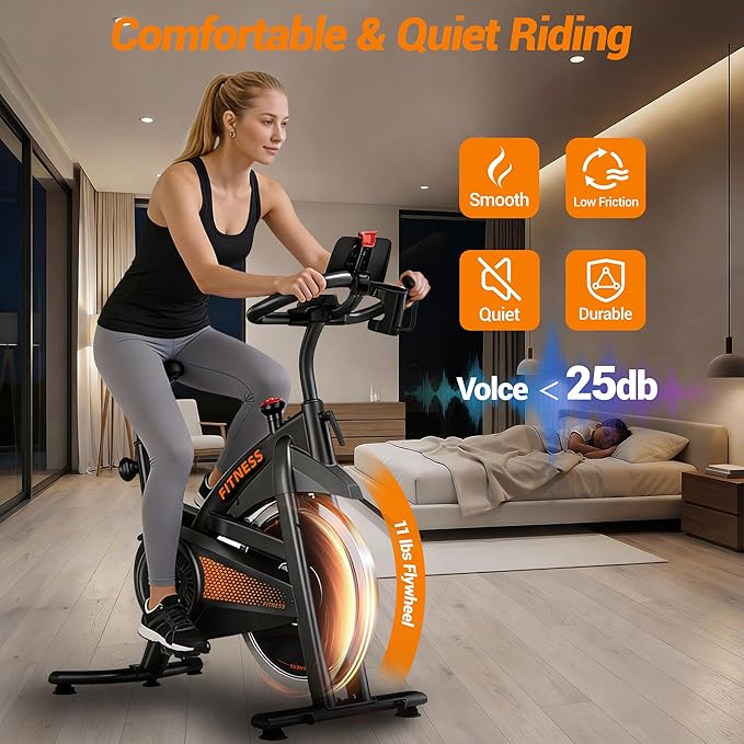 UMAY Exercise Bike,Brake Pad Stationary Bike for Home with Exclusive App, Silent Belt Drive Stationary Workout Bike for Home with Comfort Seat, Low Noise Indoor Cycling Bike with Heart Rate / Tablet & Bottle Holder, 300 LBS Capacity