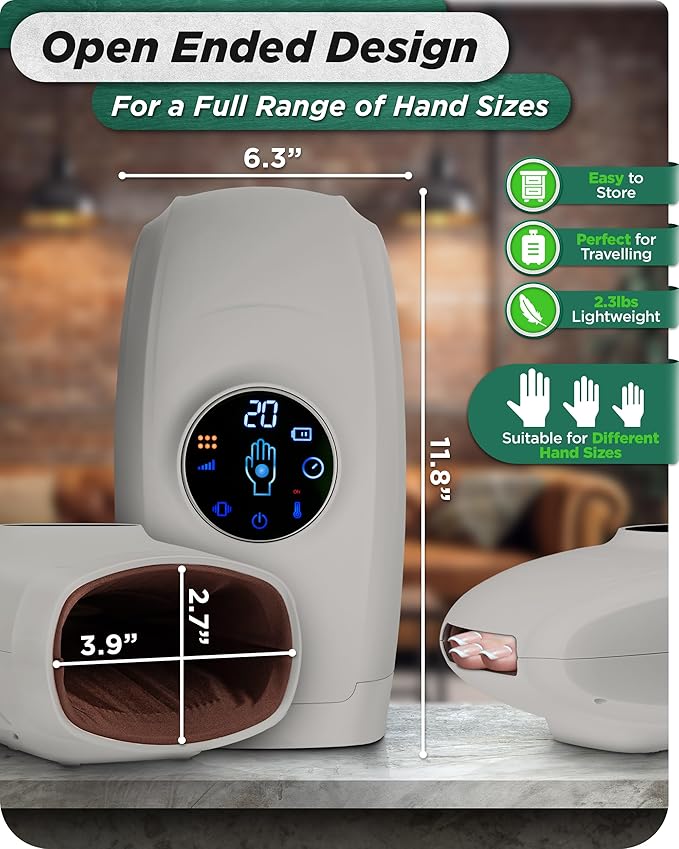 Lunix LX7 LCD Touchscreen Hand Massager, Heated Air Compression, for Arthritis & Carpal Tunnel Relief, Finger Numbness & Wrist Pain Relief, Cordless Rechargeable, Cloud Gray