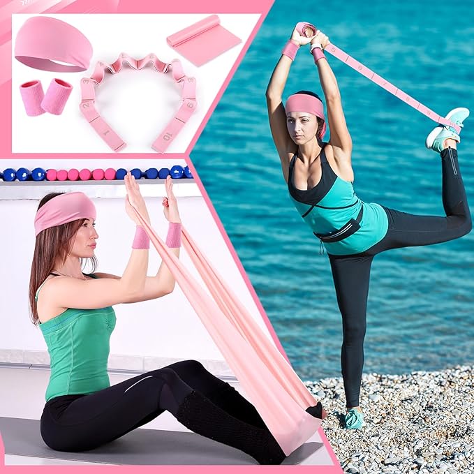 Poen 18 Pcs Home Pilates Ball and Ring Circle Set Yoga Fitness Essentials Kit with 5 Resistance Band Stretching Strap Non Slip Sock Ball Core Slider Wristband Headband Gym Bag for Women