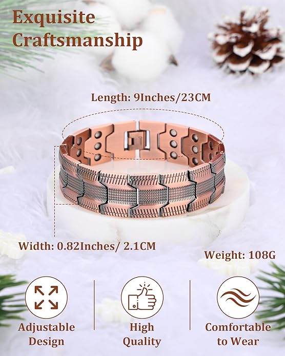 MagEnergy Copper Bracelet for Men, 3-Row Magnet Design, Ultra Strength Magnetic Bracelet 99.99% Pure Copper Wristband Adjustable Jewelry Gift with Sizing Tool