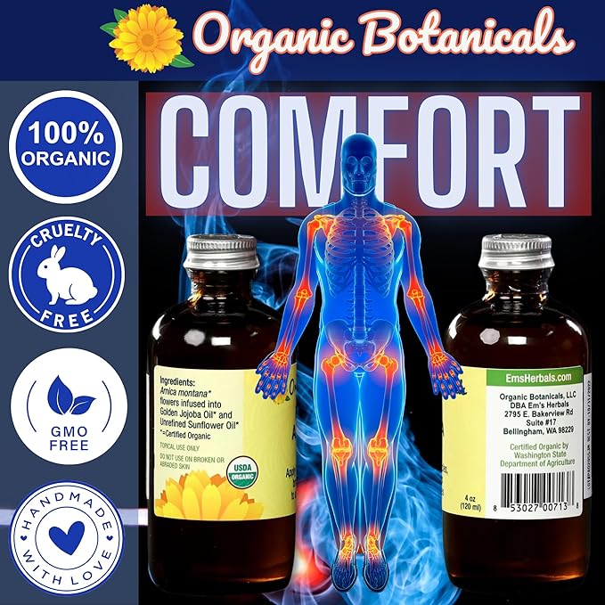 Arnica Oil - Pure Organic Muscle Discomfort Bottle - Arnica Montana Oil for Bruising & Swelling, Muscle, Joint Discomfort, and Sports Injuries, Arnica Massage Oil (4 oz)