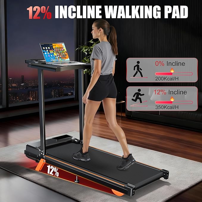 Walking Pad Treadmill with Desk Workstation, 12% Incline Treadmills for Home Small Office, 350lbs Capacity, 3.5HP