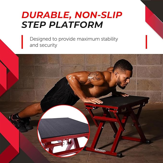 Stamina X 12" to 24" Adjustable Height Plyo Step Up Exercise Box For Home Workout with Access to Muuv, Non-Slip Surface and Workout Guide, Black/Red