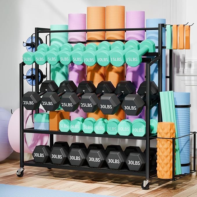 Dumbbell Rack Weight Stand - Adjustable Weight Rack for Dumbbells, Home Gym Storage Rack for Yoga Mat Foam Roller Kettlebells, Workout Equipment Storage Organizer With Wheels