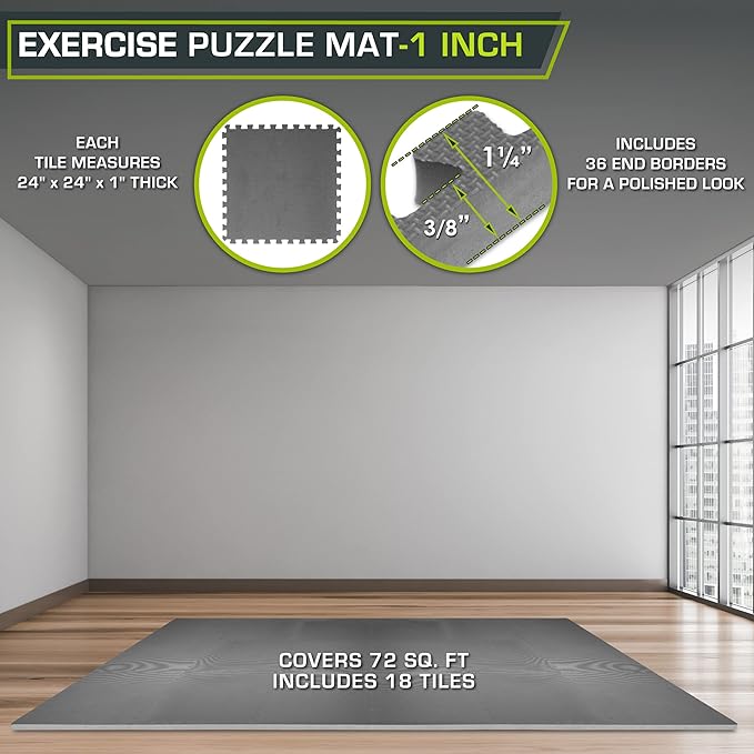 ProsourceFit Extra Thick Puzzle Exercise Mat 1", EVA Foam Interlocking Tiles for Protective, Cushioned Workout Flooring for Home and Gym Equipment, Grey 3-pack