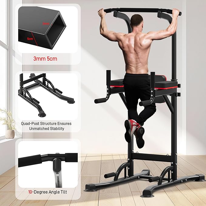 Outdoor Basic Power Tower, Pull Up Bar and Dip Station for Home Gym, 1400LBS Weight Capacity, Adjustable Height, Heavy Duty Steel Frame for Calisthenics, Strength Training Fitness Equipment