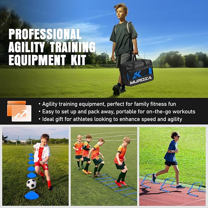 Agility Ladder, Agility Speed Training Equipment Set, 20ft Speed Ladder, 12 Soccer Cones, 4 Hurdles, Jump Rope, Running Parachute, Soccer Football Basketball Training Equipment Accessories