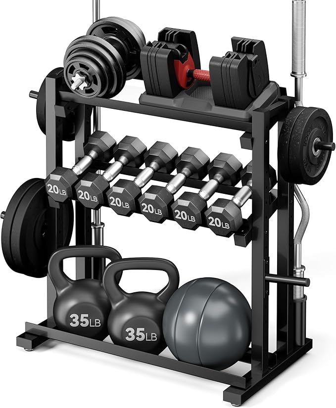 3-Tier Heavy-Duty Dumbbell and Plate Rack 1200LB Capacity, Adjustable Weight Storage Stand for Dumbbells, Kettlebells, Barbells & Weight Plates, Compact Multifunctional Organizer for Home Gym