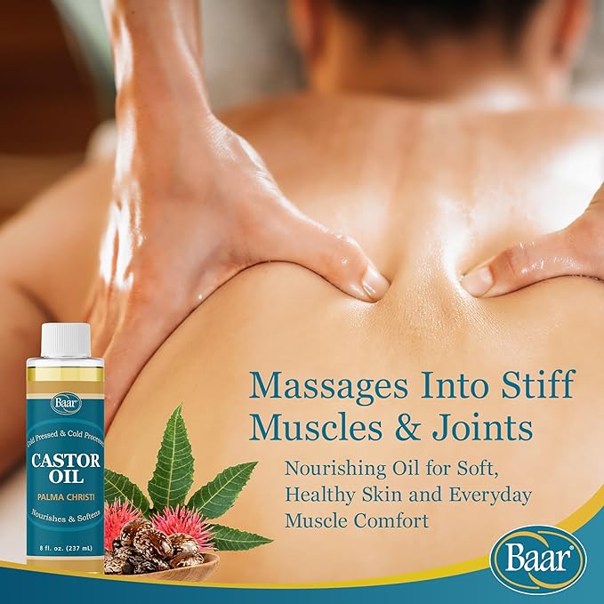 Baar Cold-Pressed Castor Oil, Cold-Processed, Hexane-Free, Palma Christi, for Skin, Hair, Massage & Castor Oil Packs, BPA-Free Bottle, 8 oz.