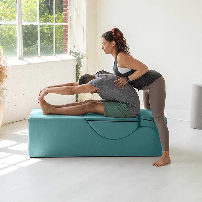 Avana Kami Convertible Chaise/Bed Bench for Yoga & Massage - 2-in-1 End of Bed Ottoman with Concealed Fold Out Yoga Lounge Chair, 22" Wide, Microvelvet Blue